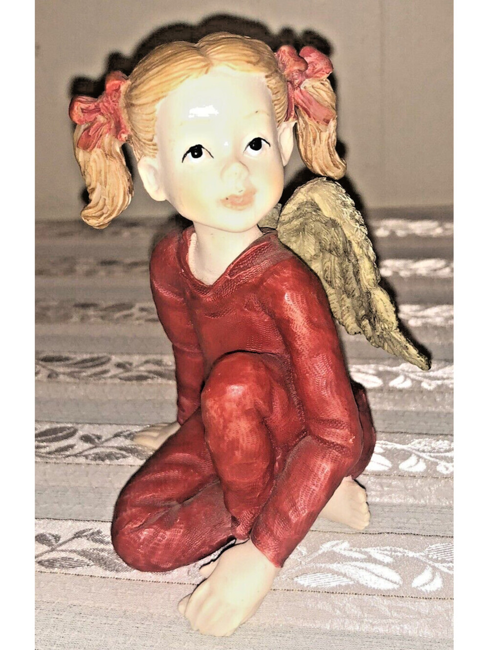 S. Lordi Sitting Girl Figurine w/Angel Wings in Red Pajamas 1997 Retro Decor